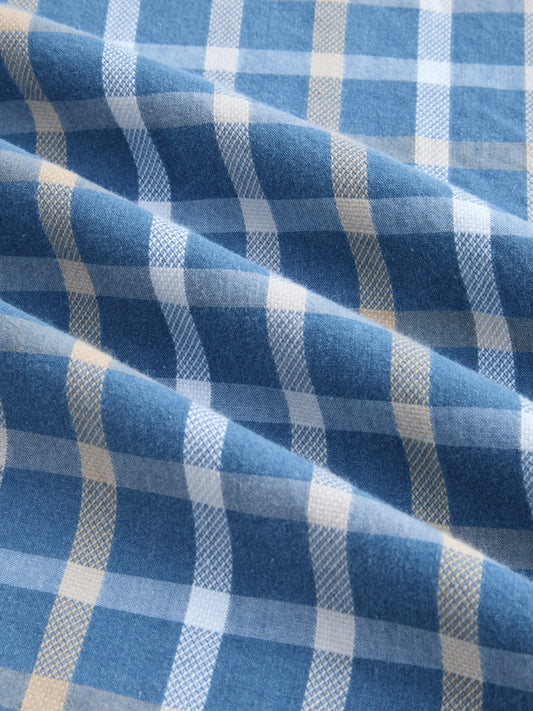 Denim Blue & Beige Comfort Checks Boxy Fit Crop Shirt
