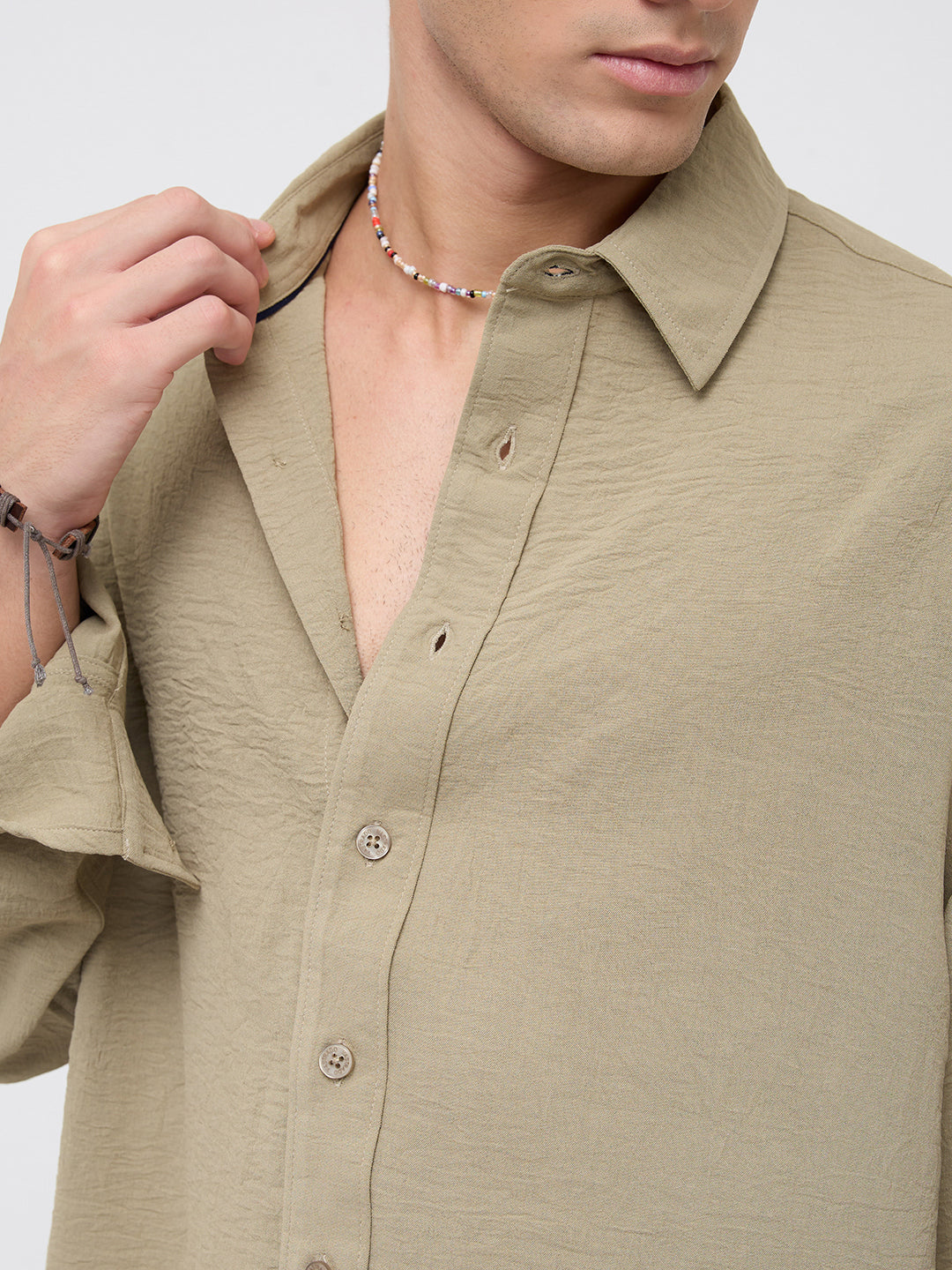 Plush Olive Lightweight Crinkled Boxy Fit Crop Shirt