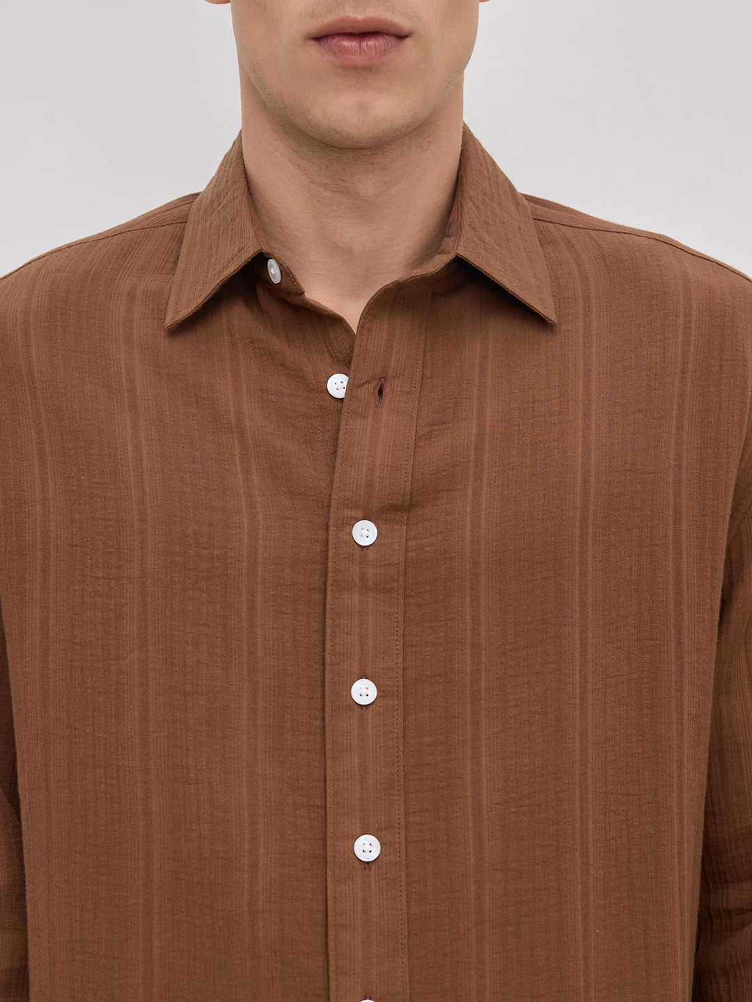 Cocoa Double Cloth Seersucker Striped Boxy Fit Crop Shirt