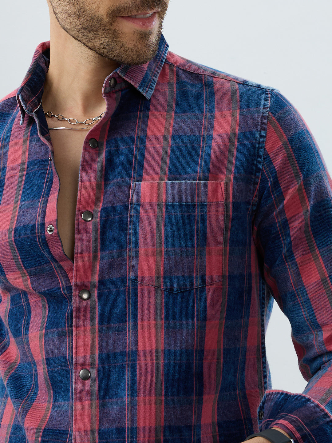 Elegant Navy & Desire Red Denim Plaid Checks Shirt