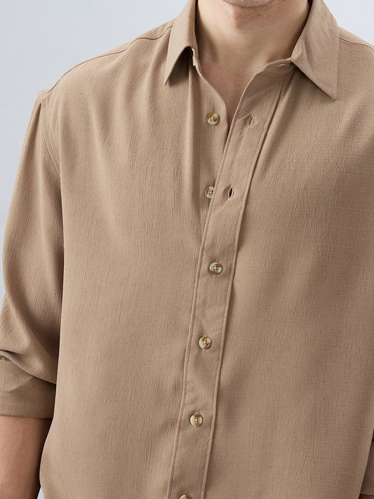 Khaki Olive Fine Grid Textured Boxy Fit Oversized Shirt