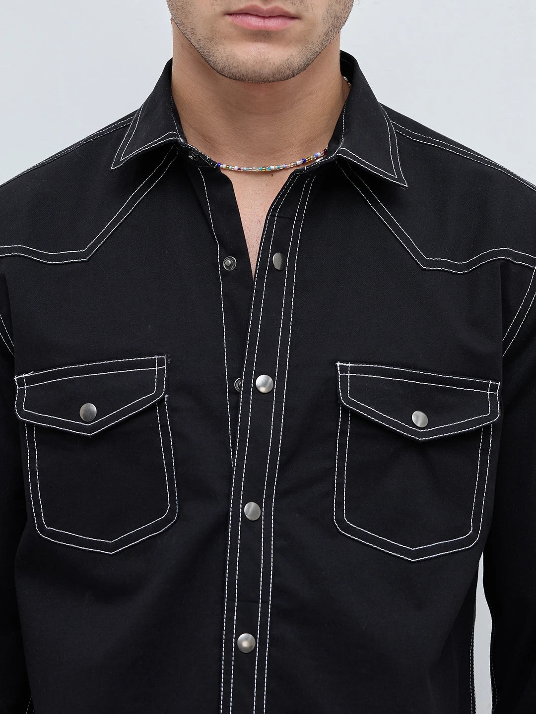 Black Contrast Stitch Twin Pocket Shirt