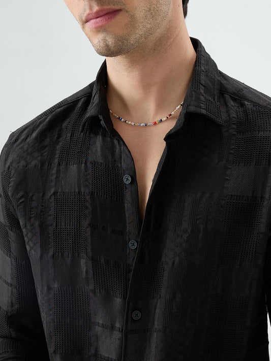 Jet Black Block Checks Motif Embossed Textured Shirt