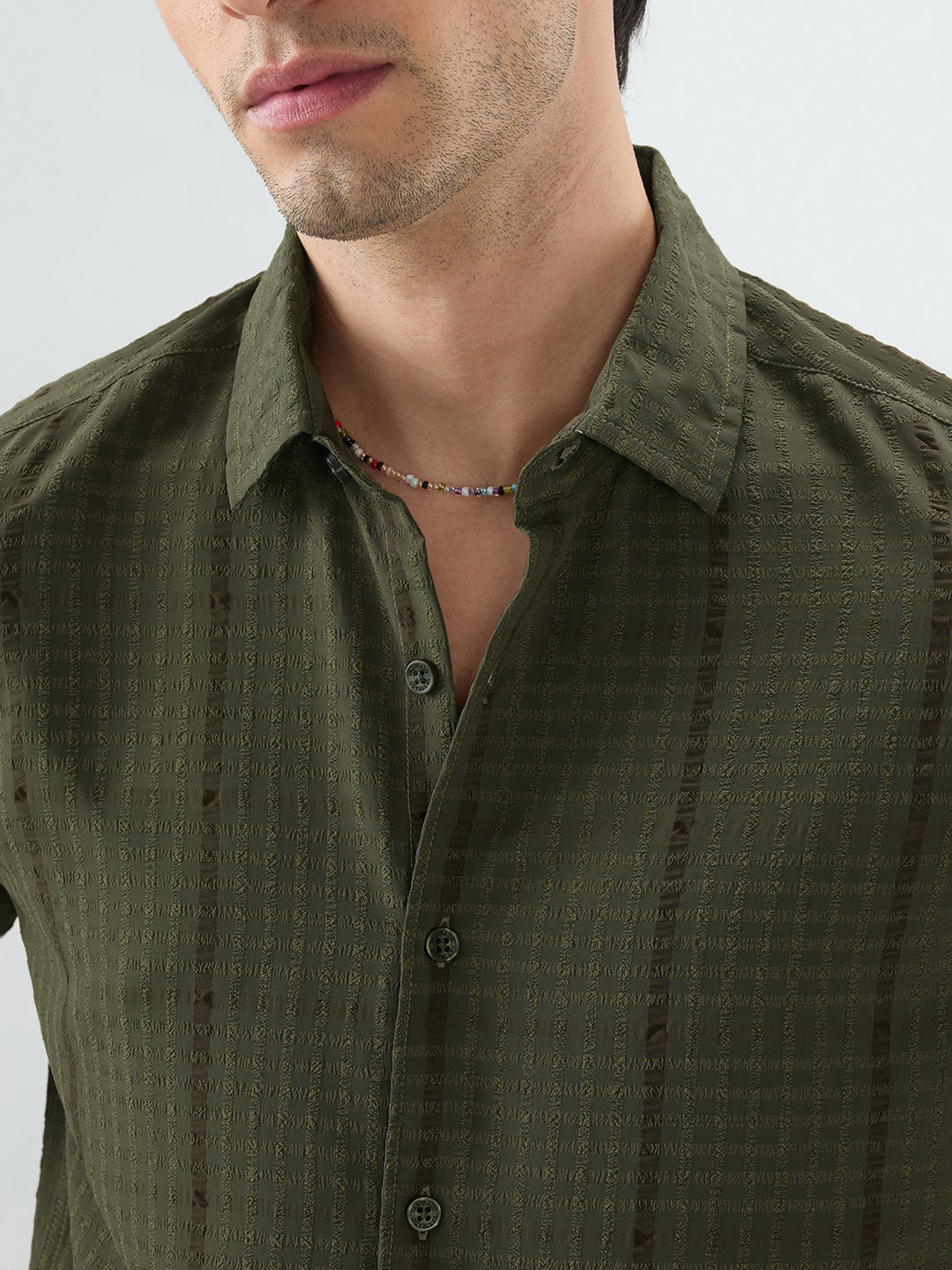 Olive Micro Checks Textured Shirt