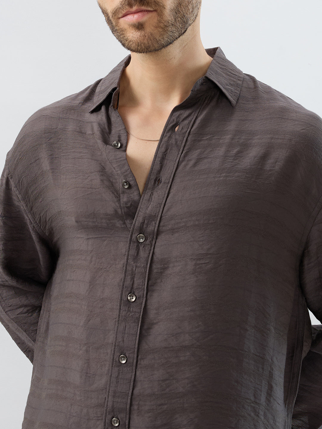 Rustic Brown Horizontal Textured Boxy Fit Crop Shirt