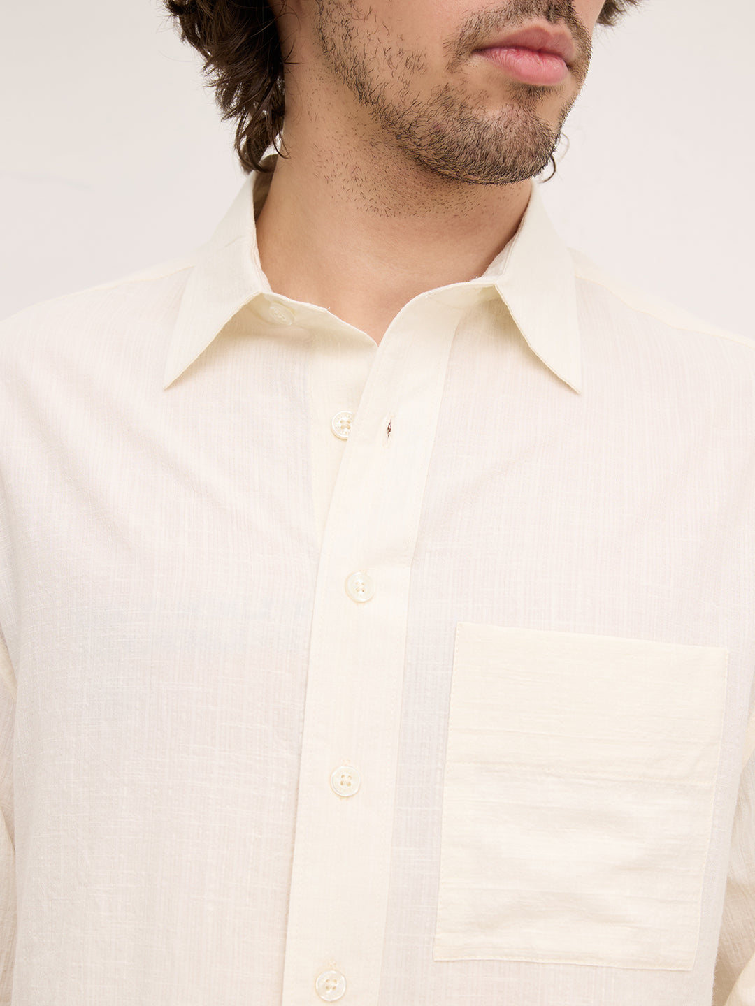 Spanish Cream Fine Striped Textured Boxy Fit Crop Shirt