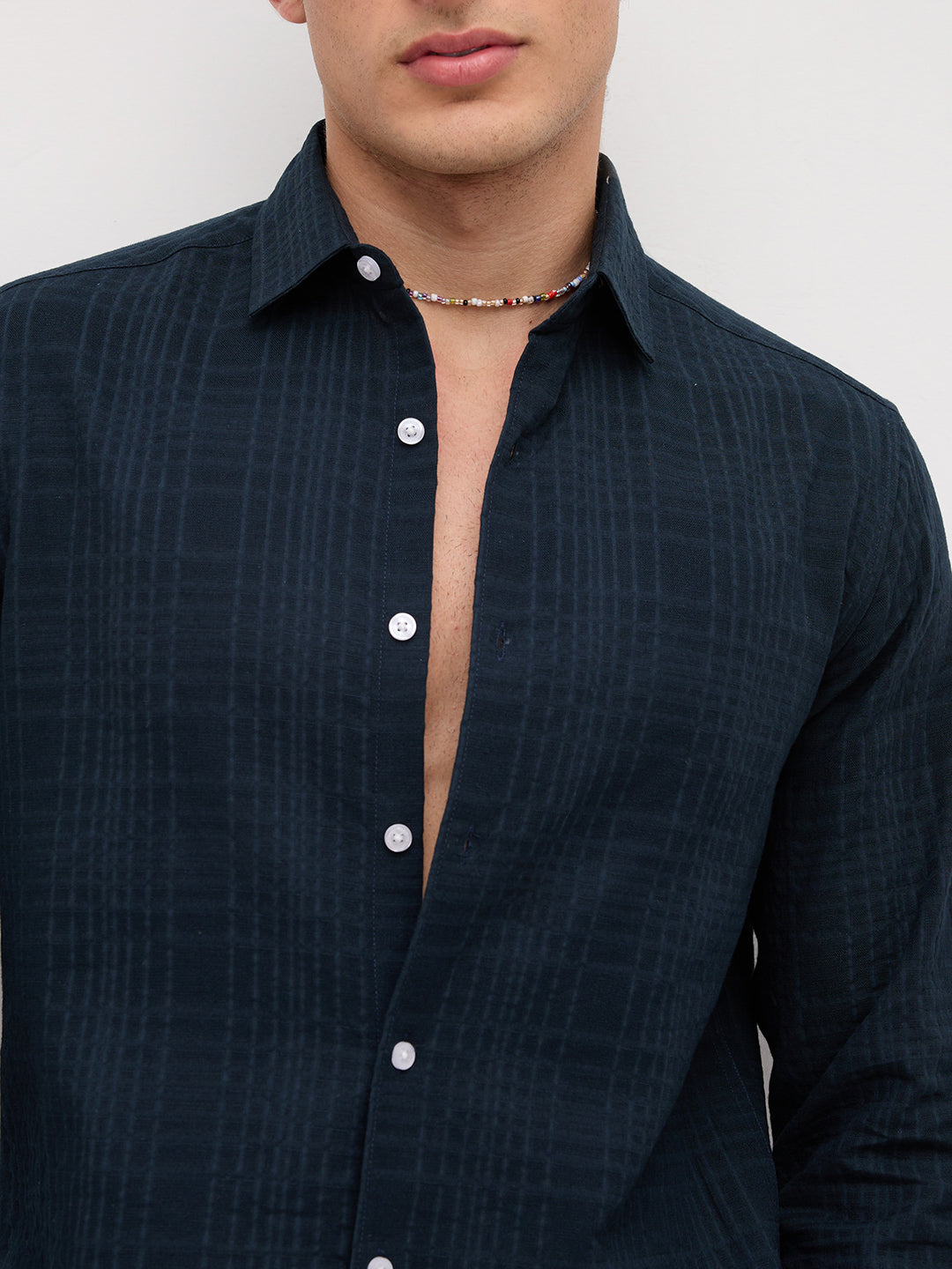 Plush Teal Ledger Checks Double Cloth Shirt