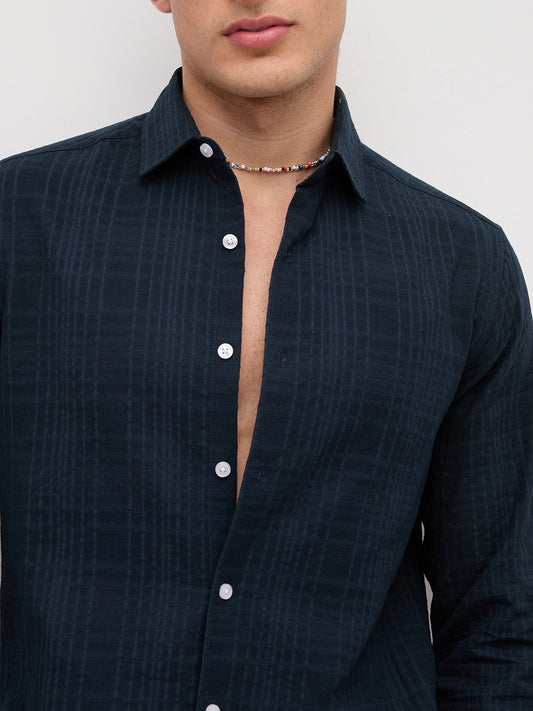 Plush Teal Ledger Checks Double Cloth Shirt