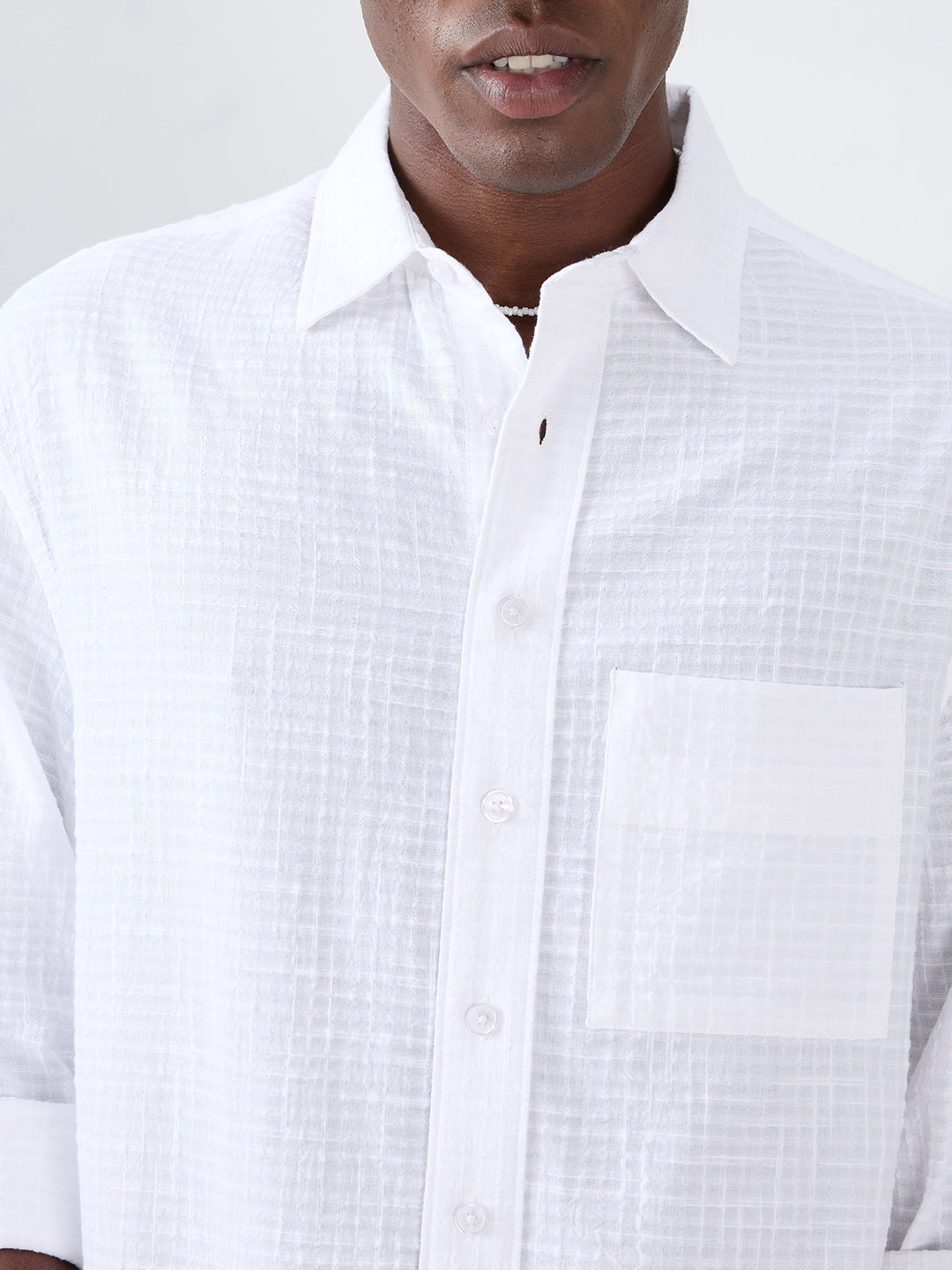 Snow White Micro Grid Textured Weave Boxy Fit Crop Shirt
