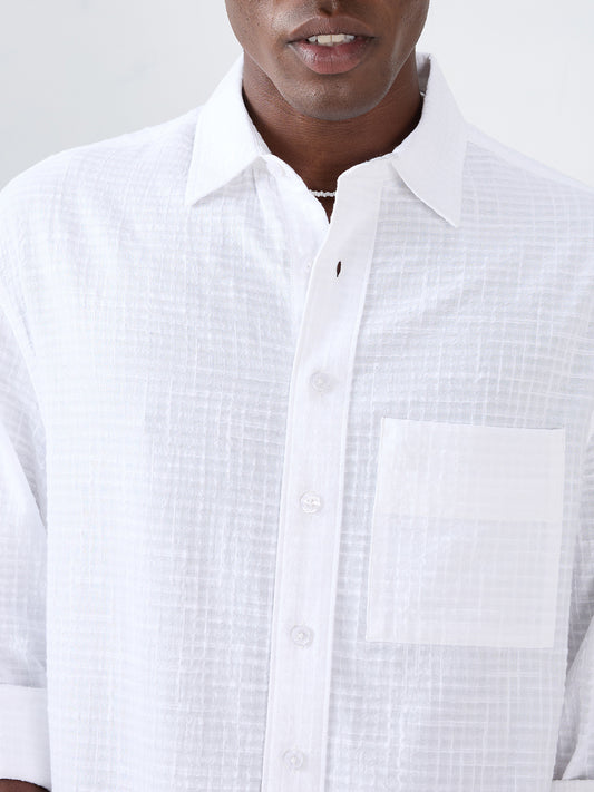 Snow White Micro Grid Textured Weave Boxy Fit Crop Shirt