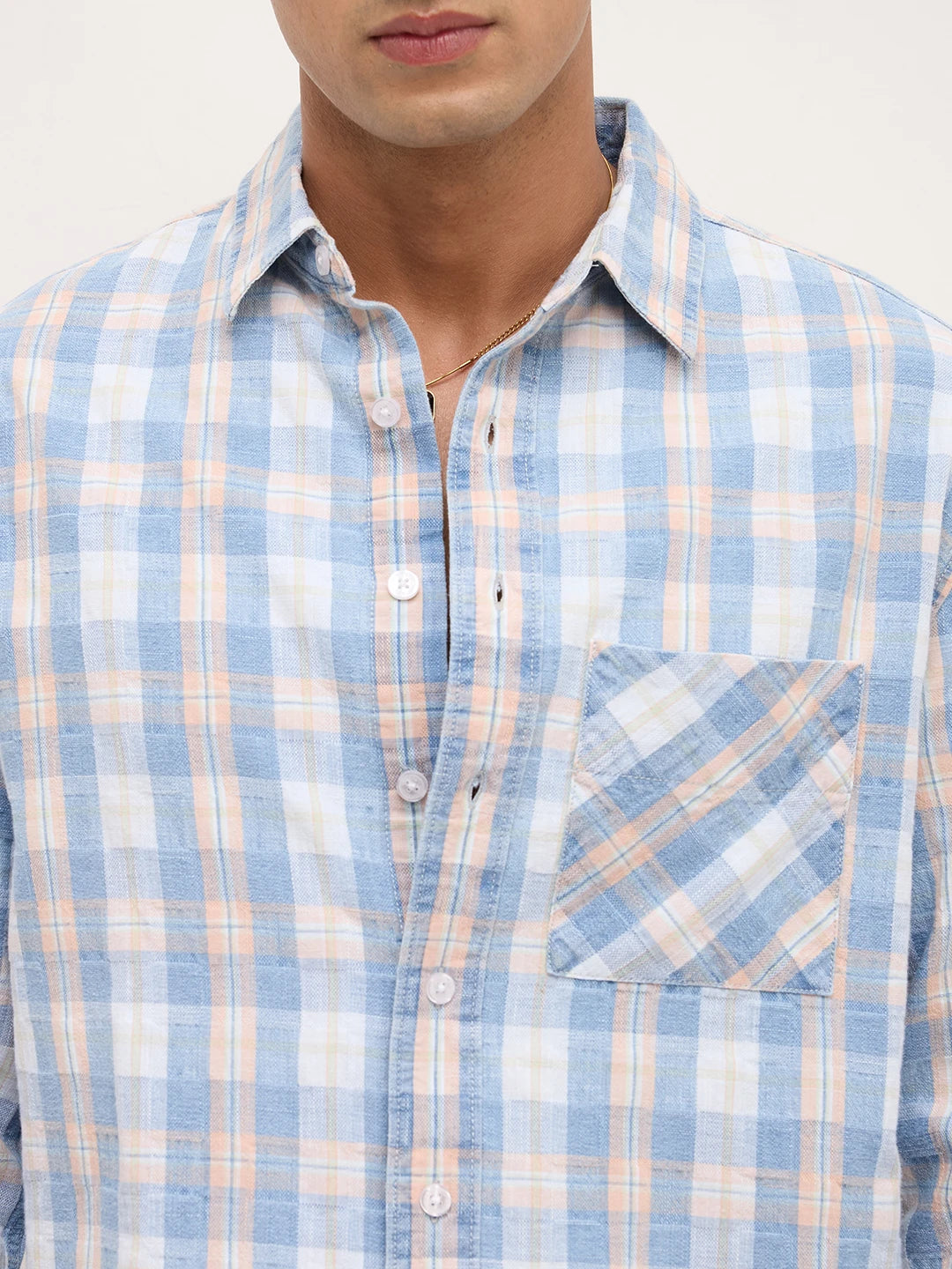 Distressed Hem Denim Blue & Peach Checks Boxy Fit Crop Shirt