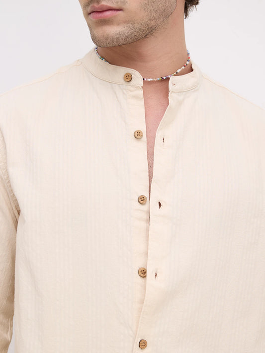 Bisque Beige Seersucker Striped Mandarin Shirt