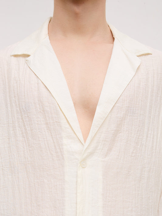 Off- White Pearl Crinkled Resort Collar Oversized Shirt