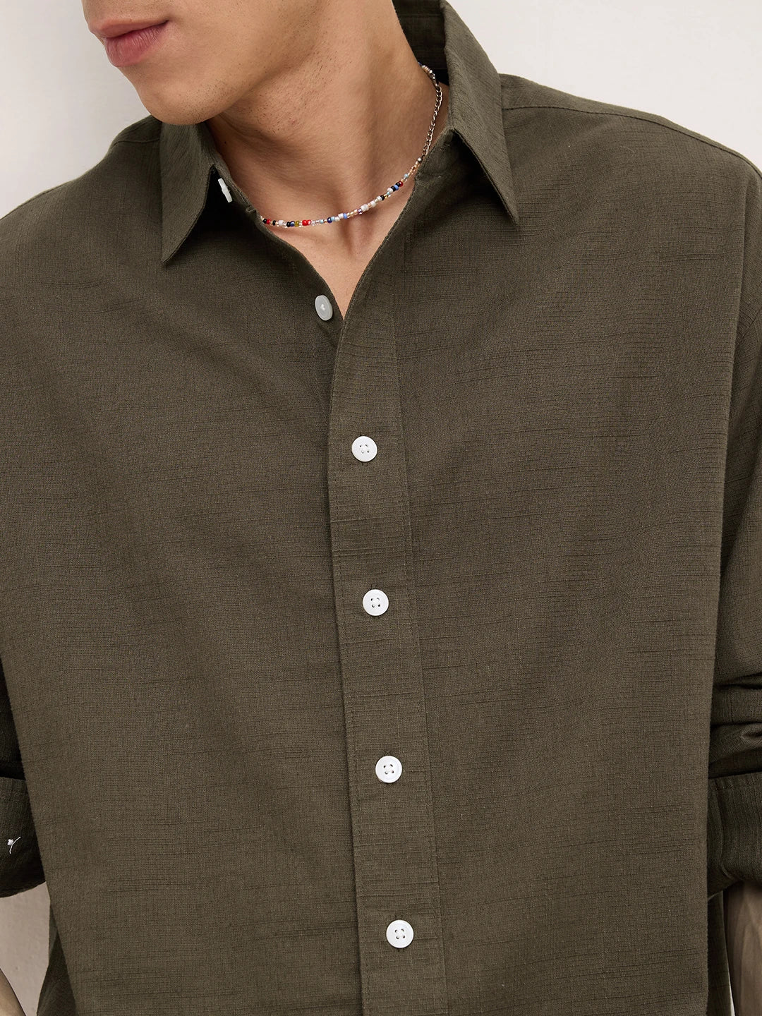 Refined Olive Micro Square Textured Boxy Fit Crop Shirt
