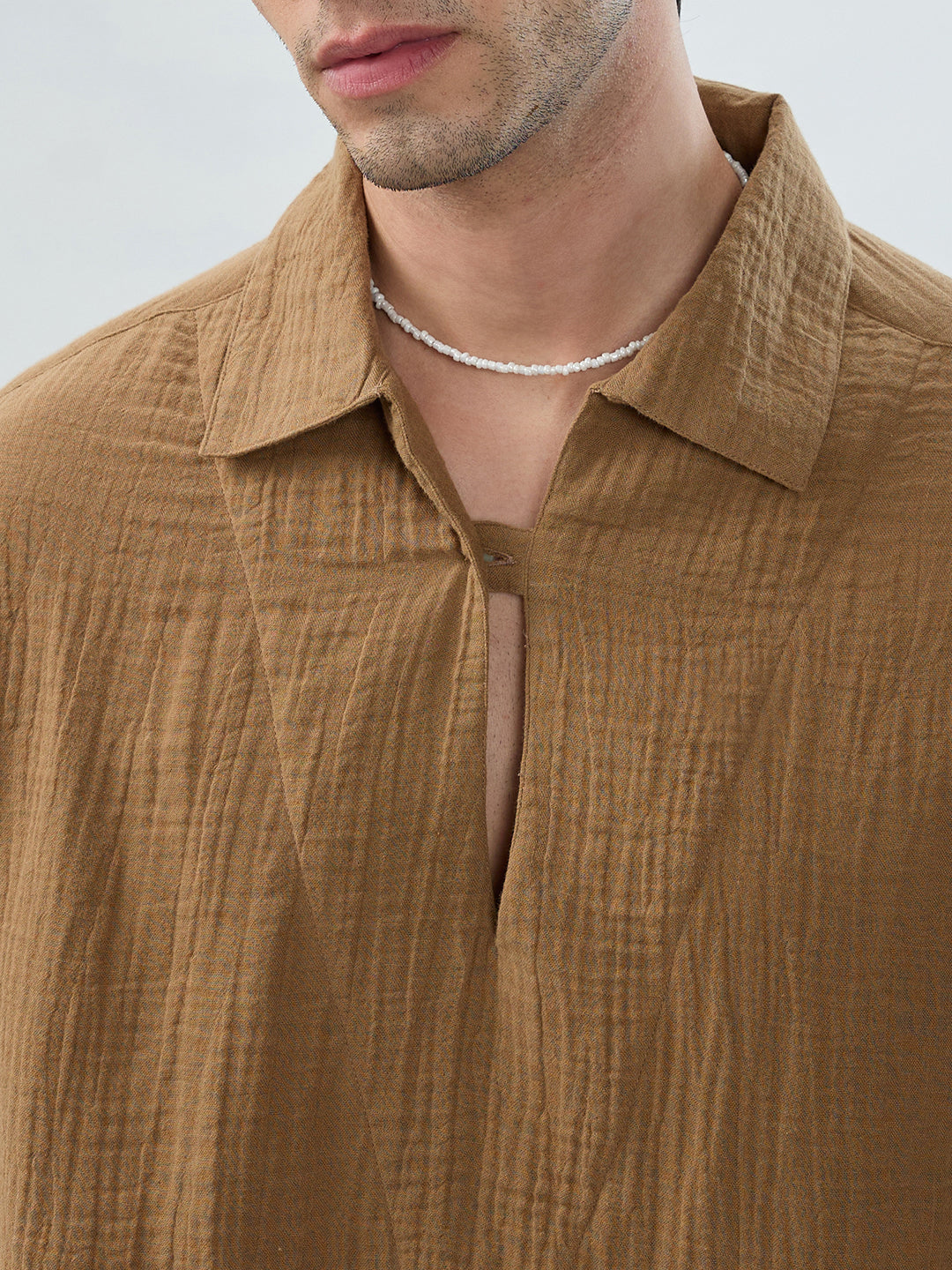 Warm Tan Textured Cuffless Double Cloth Oversized Shirt