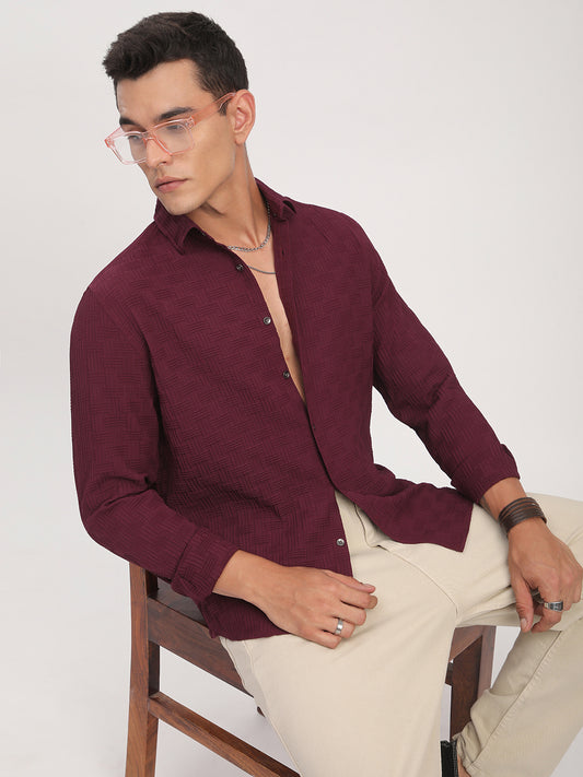 Wine Self Design Textured Shirt