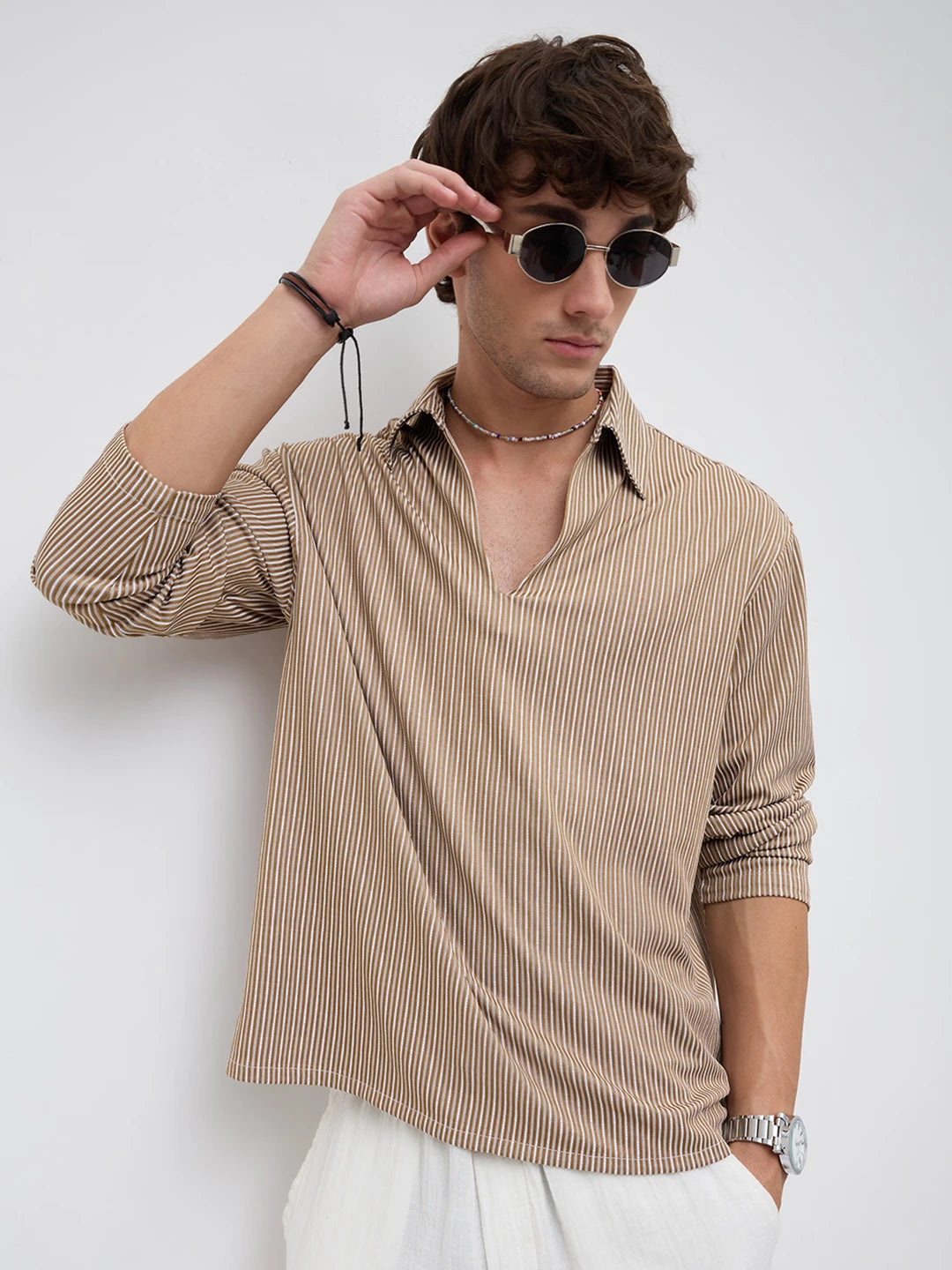 Signature Chocolate Ivory Rib Striped Oversized Polo Shirt