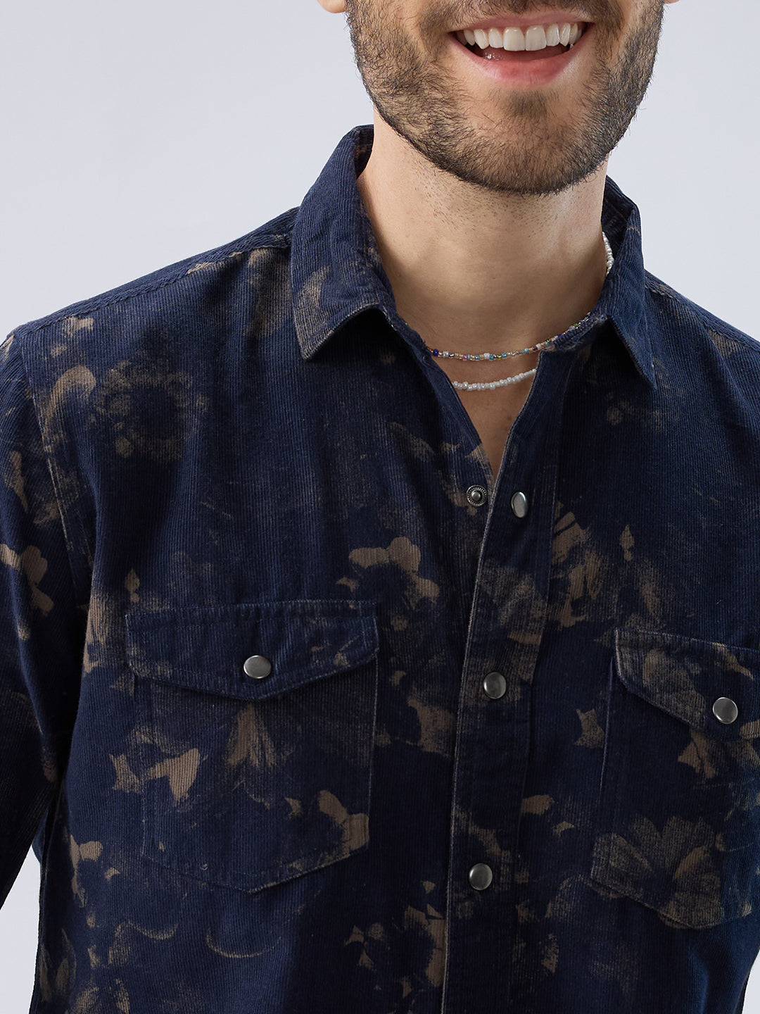 Navy Abstract Bloom Printed Flap Pocket Corduroy Shirt