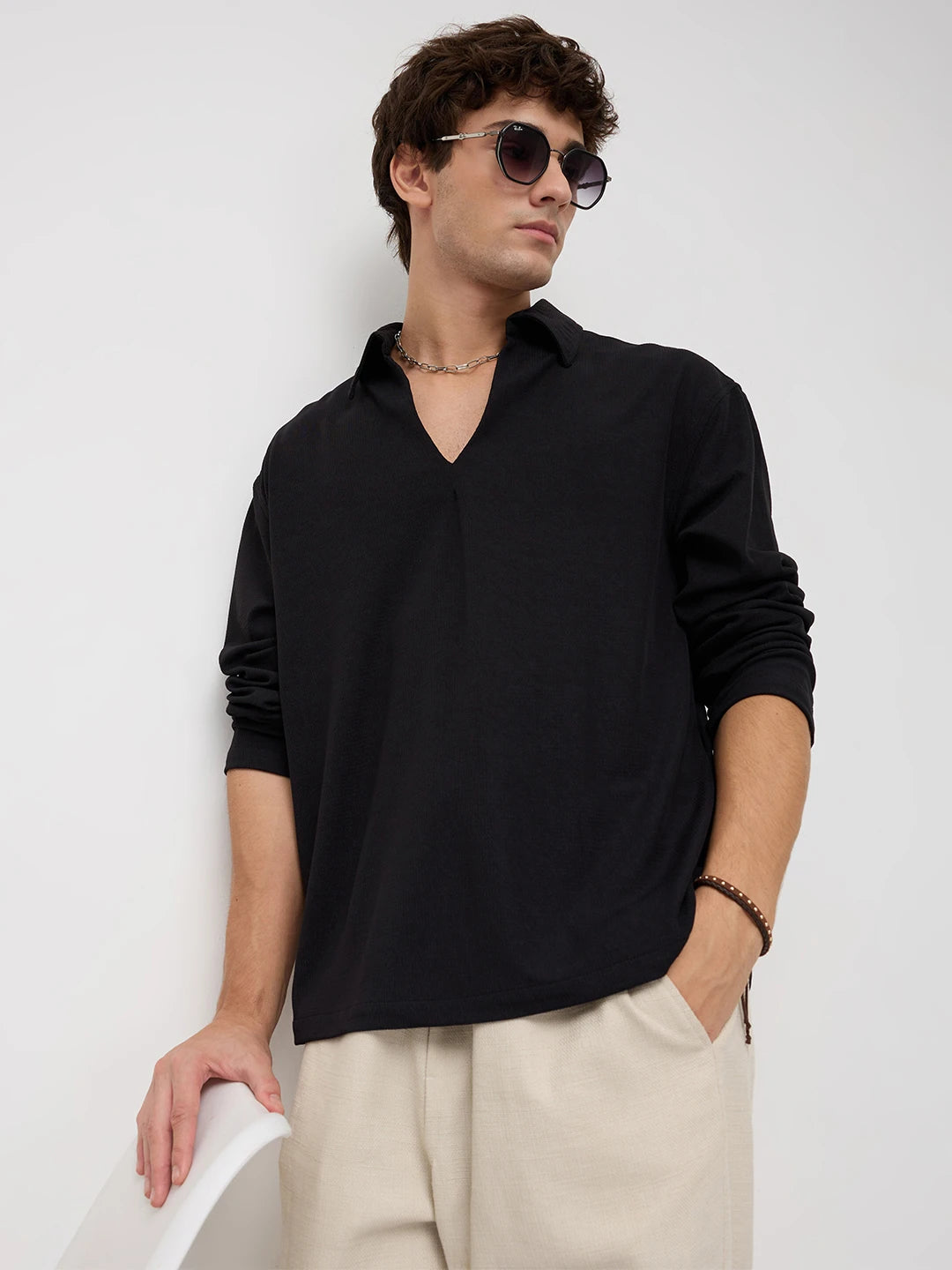 Timeless Black Oversized Knitted Polo Shirt
