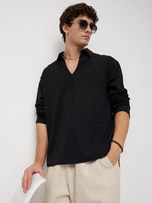 Timeless Black Oversized Knitted Polo Shirt
