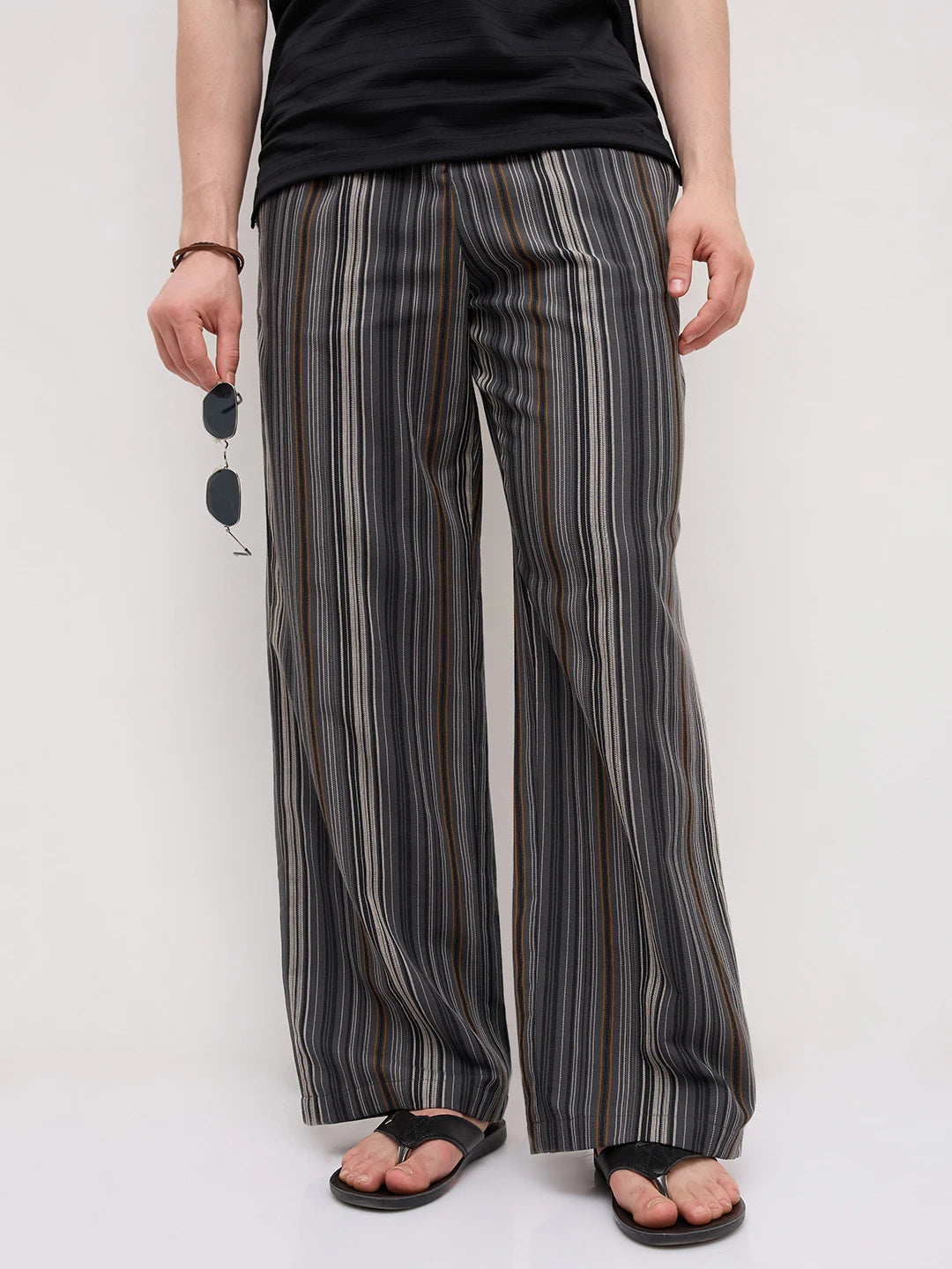 Graphite Grey Multi- Striped Wide Leg Trousers