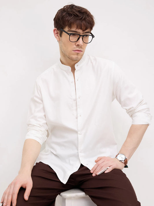 Snow White Herringbone Textured Mandarin Shirt