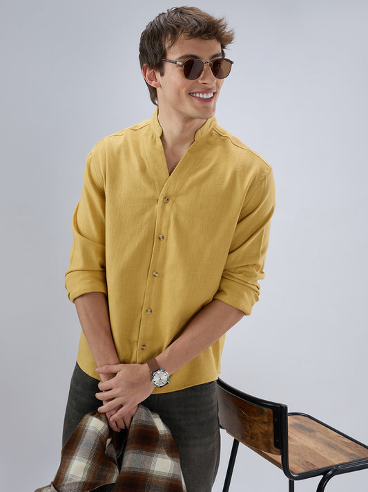 Soft Honey Yellow Diagonal Textured Stand Collar Oversized Shirt