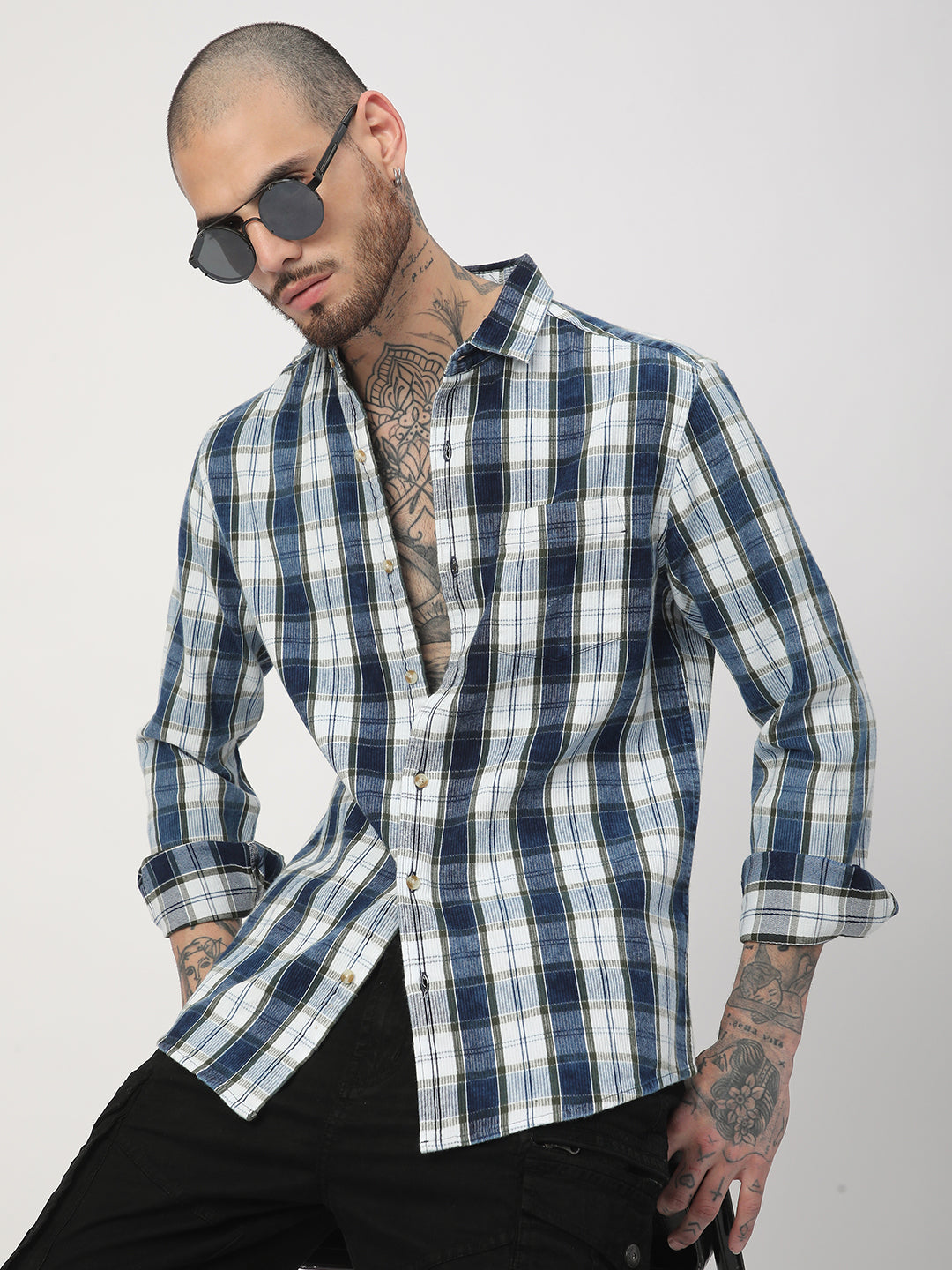 Denim Olive & Navy Plaid Checks Shirt