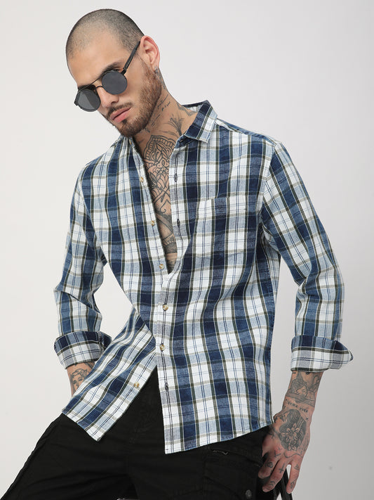 Denim Olive & Navy Plaid Checks Shirt