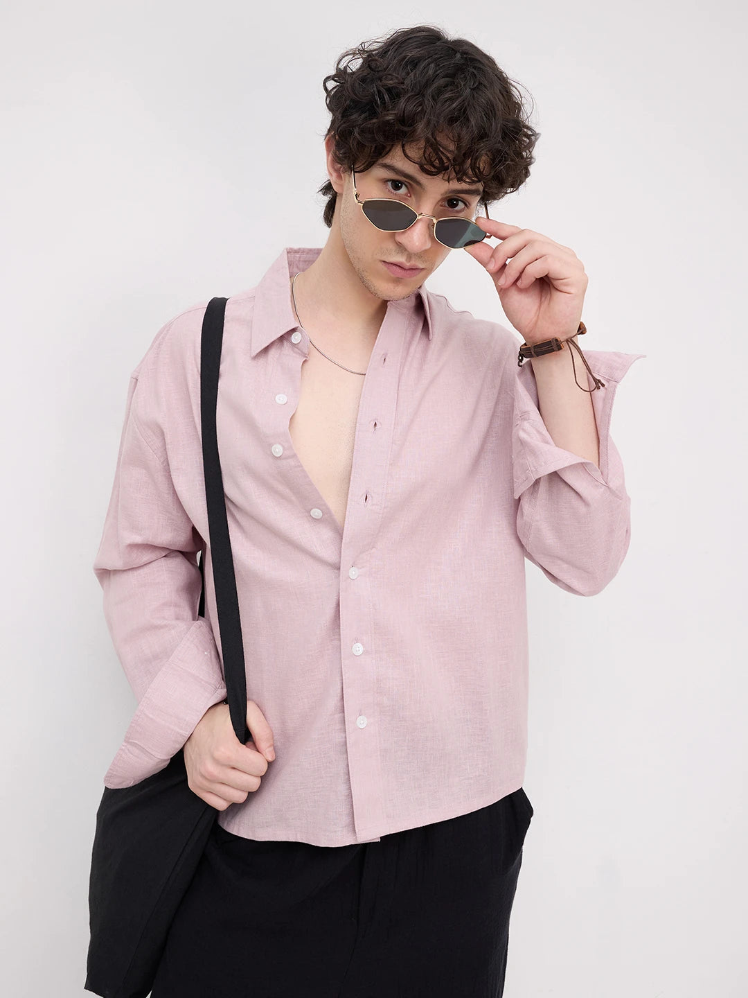 Luxe Blush Pink Fine Textured Boxy Fit Crop Shirt