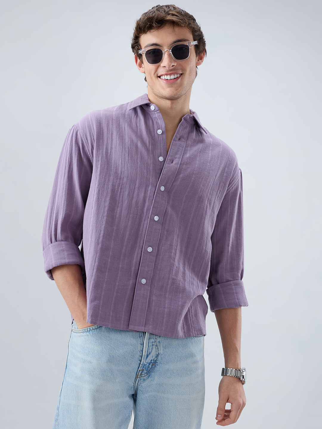 Chinese Violet Double Cloth Striped Boxy Fit Crop Shirt