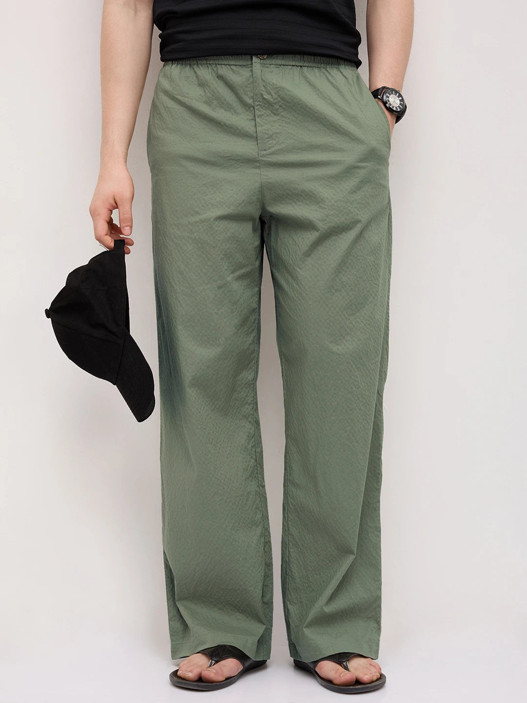 Sage Green Fine Textured Wide Leg Trousers