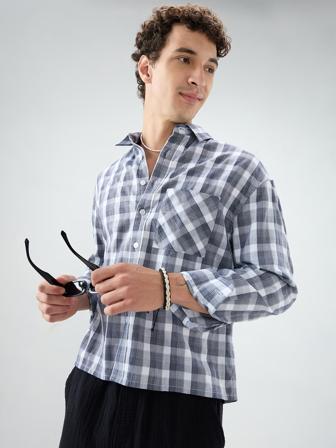 Monochrome Dual Scale Grid Weave Boxy Fit Crop Shirt