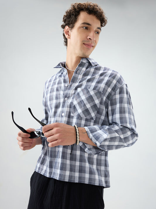 Monochrome Dual Scale Grid Weave Boxy Fit Crop Shirt