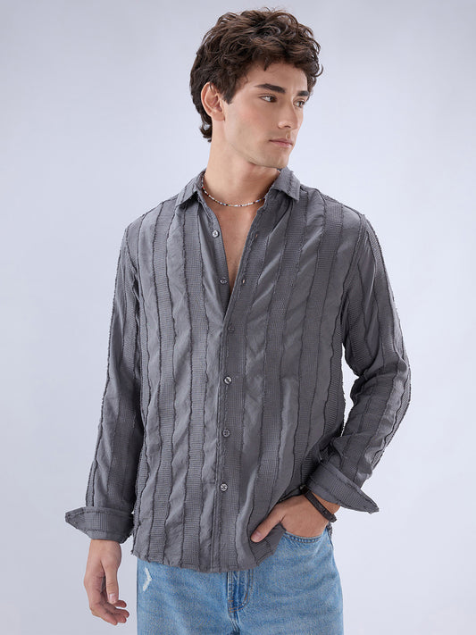 Grey Frayed Panelled Waffle Textured Shirt