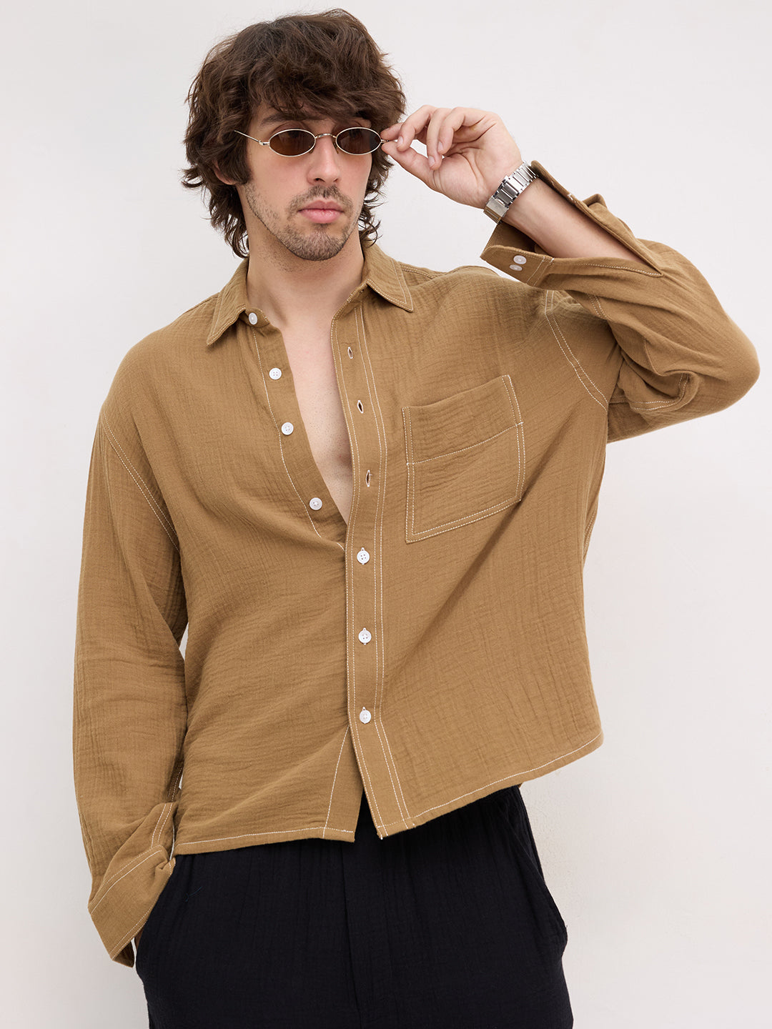 Wood Brown Double Cloth Contrast Stitch Boxy Fit Crop Shirt