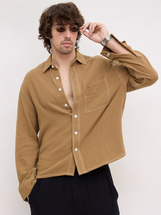 Wood Brown Double Cloth Contrast Stitch Boxy Fit Crop Shirt