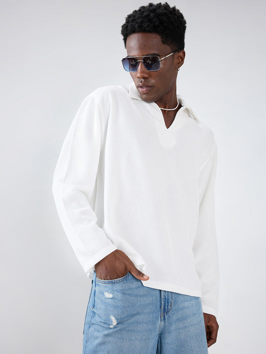 Snow White Refined Textured Knitted Oversized Polo Shirt