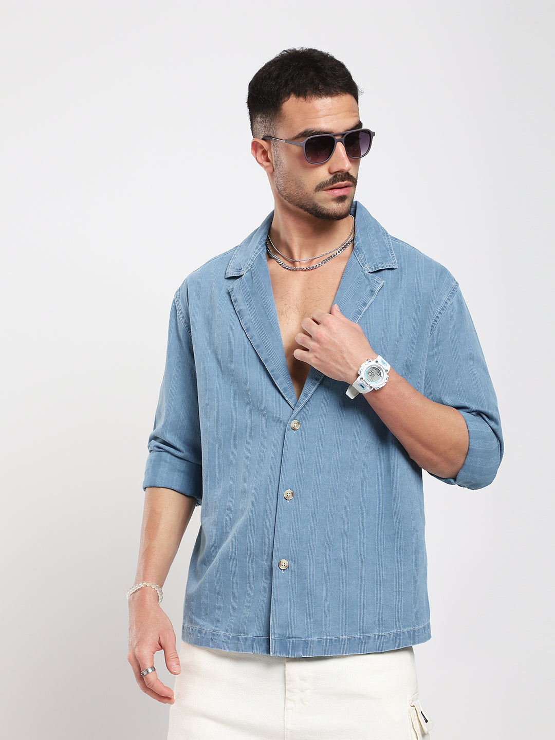 Denim Breeze Horizon Textured Notched Lapel Collar Oversized Shirt