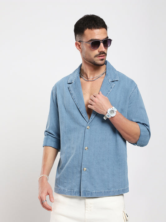 Denim Breeze Horizon Textured Notched Lapel Collar Oversized Shirt