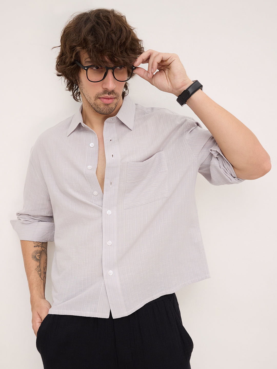 Ash Grey Fine Striped Textured Boxy Fit Crop Shirt