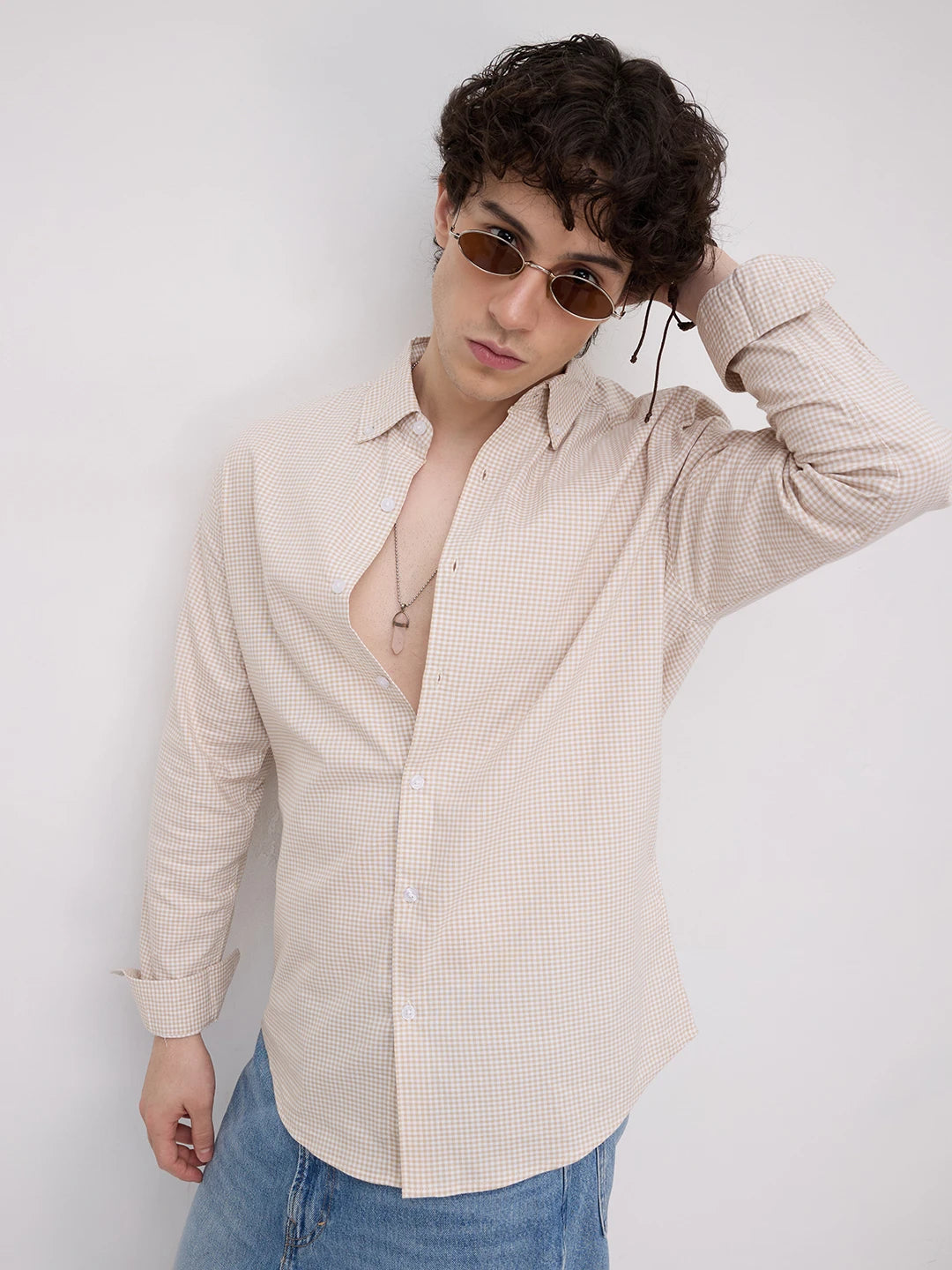 Sand Gingham Checks Button-Down Collar Business Shirt