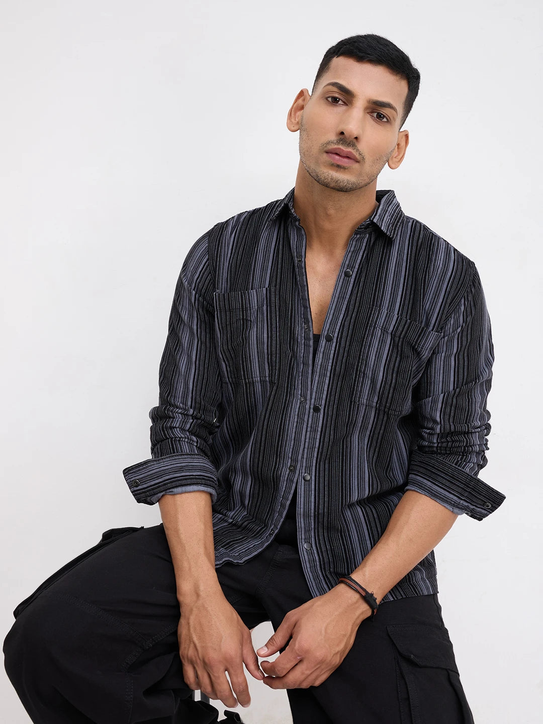 Graphite Striped Double Pocket Corduroy Shirt