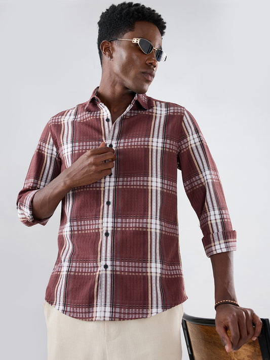 Autumn Brew Soft Textured Checks Maroon Shirt