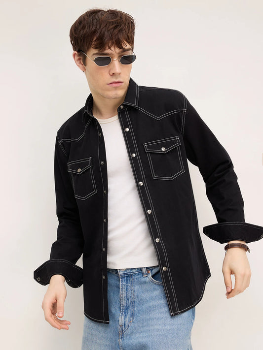 Nightfall Black Contrast Stitch Twin Pocket Overshirt