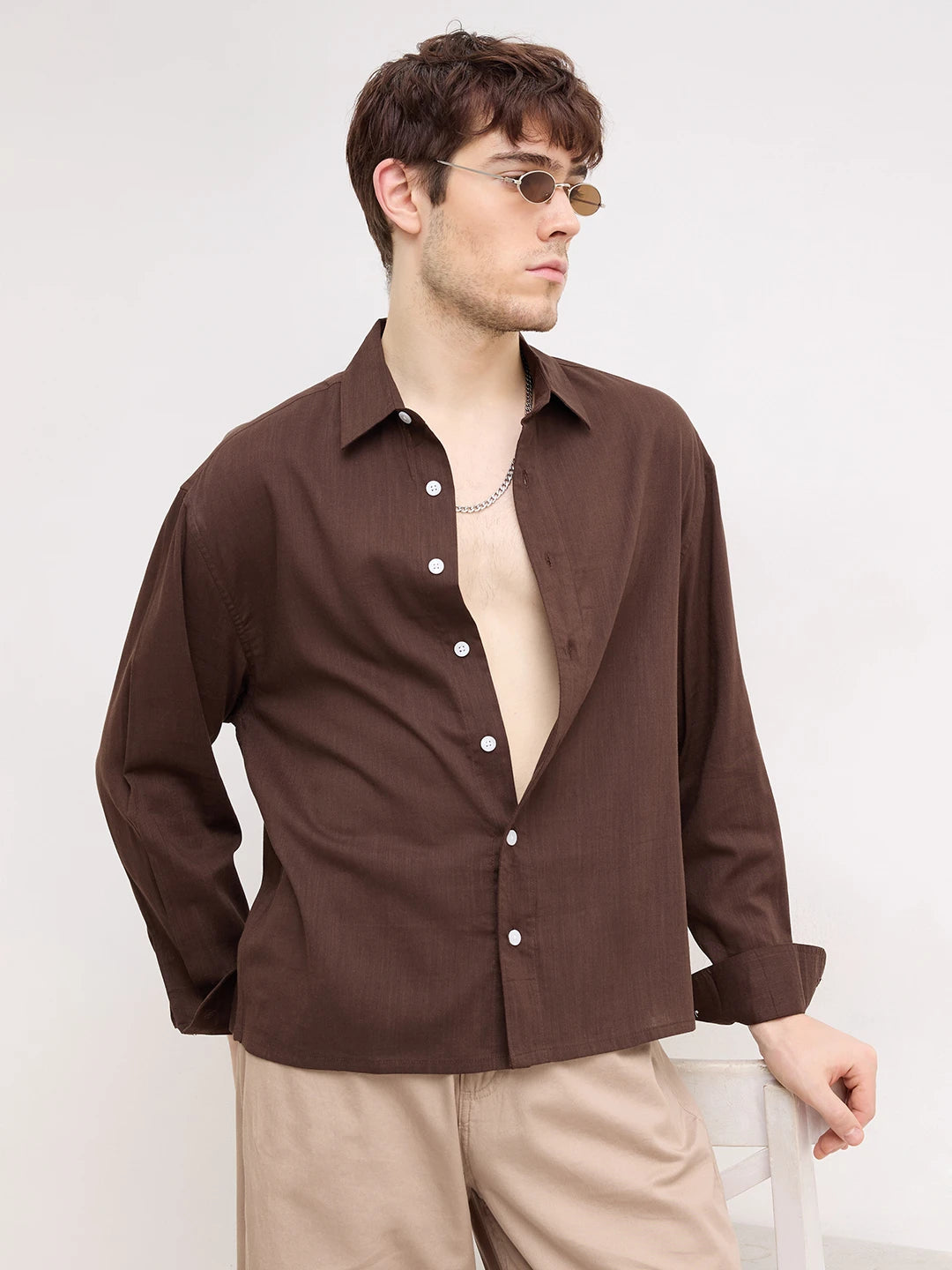 Refined Luxe Brown Boxy Fit Crop Shirt