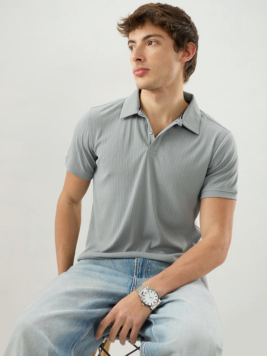 Refined Grey Hairline Striped Polo Knit T-Shirt