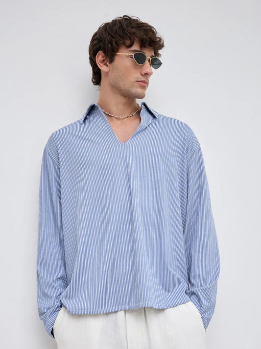 Classic Slate Blue Rib Striped Knitted Oversized Polo Shirt