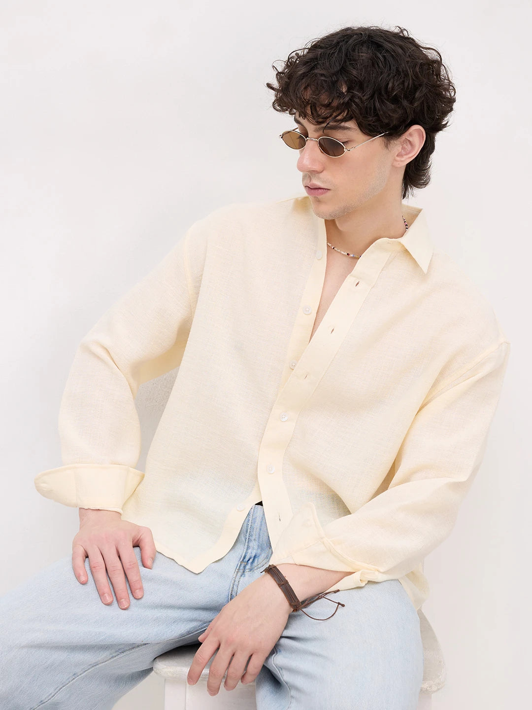 Plush Butter Yellow Sheer Weave Boxy Fit Crop Shirt