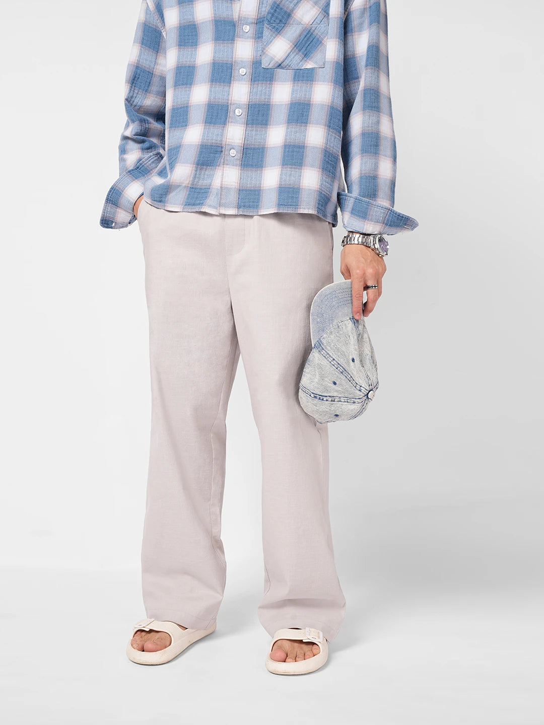 Tea Green Slub Weave Straight Fit Trousers